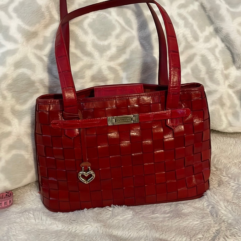 Brighton Red Leather basket weave croc embossed straps shoulder bag satchel